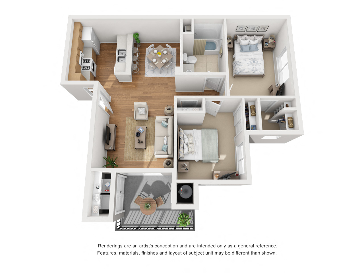 Two Bed One Bath 3D Floor Plan at Siena Apartments, Santa Maria